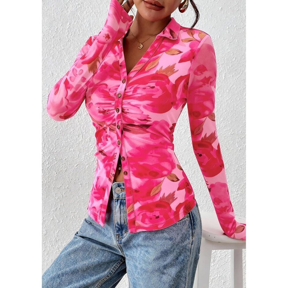Women Floral Pink Button Down Floral Shirt Trendy Long Sleeve V Neck Blouse Tops - Picture 4 of 6